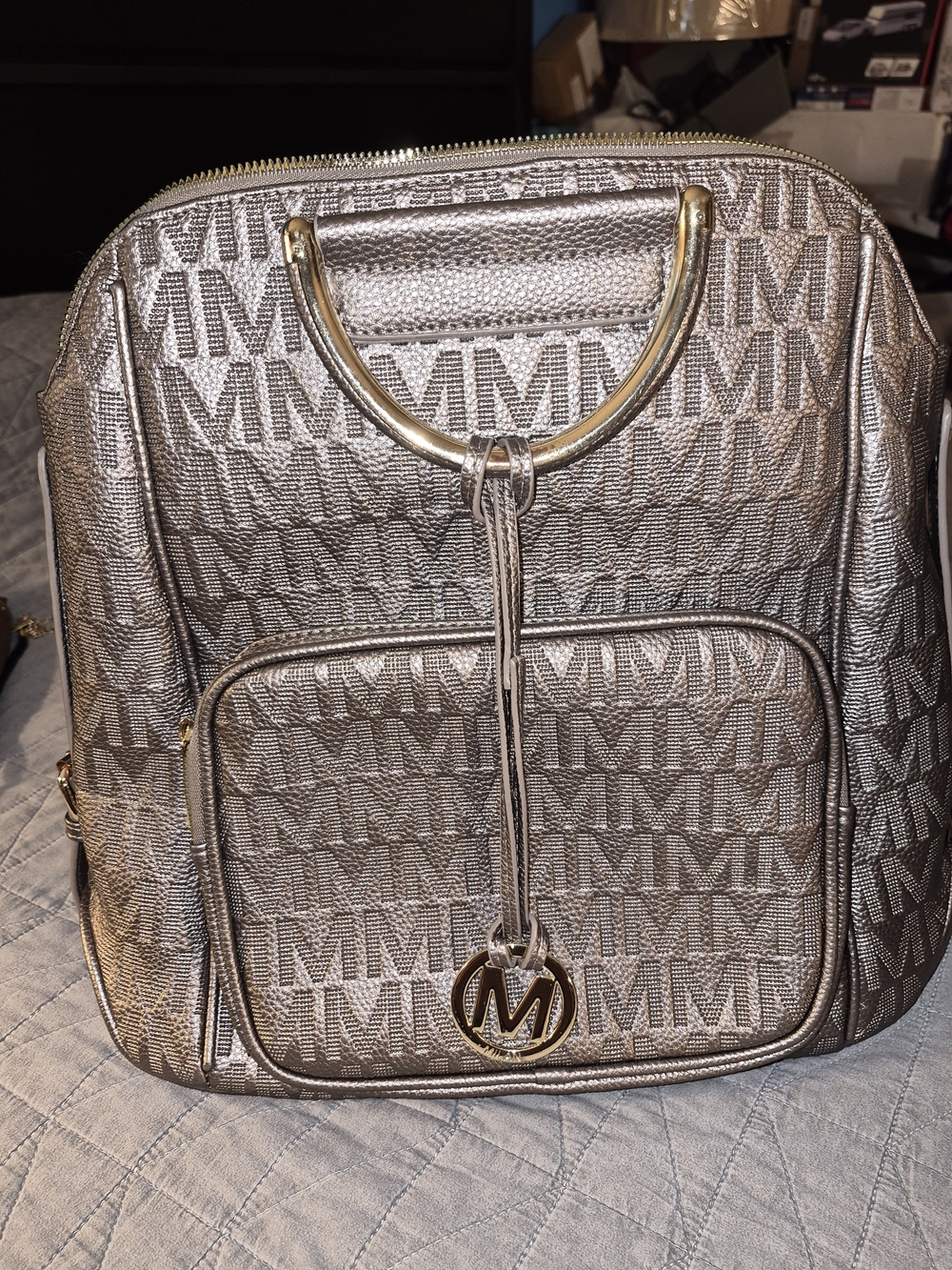 Milani Metallic Silver Logo Backpack with Gold Accents